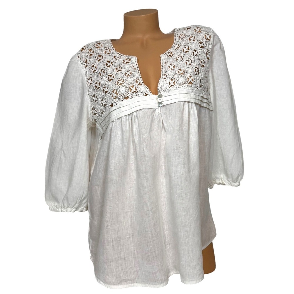 Malvin Hamburg Germany White 100% Linen Crochet Lace Yoke Tunic Top Size L 10